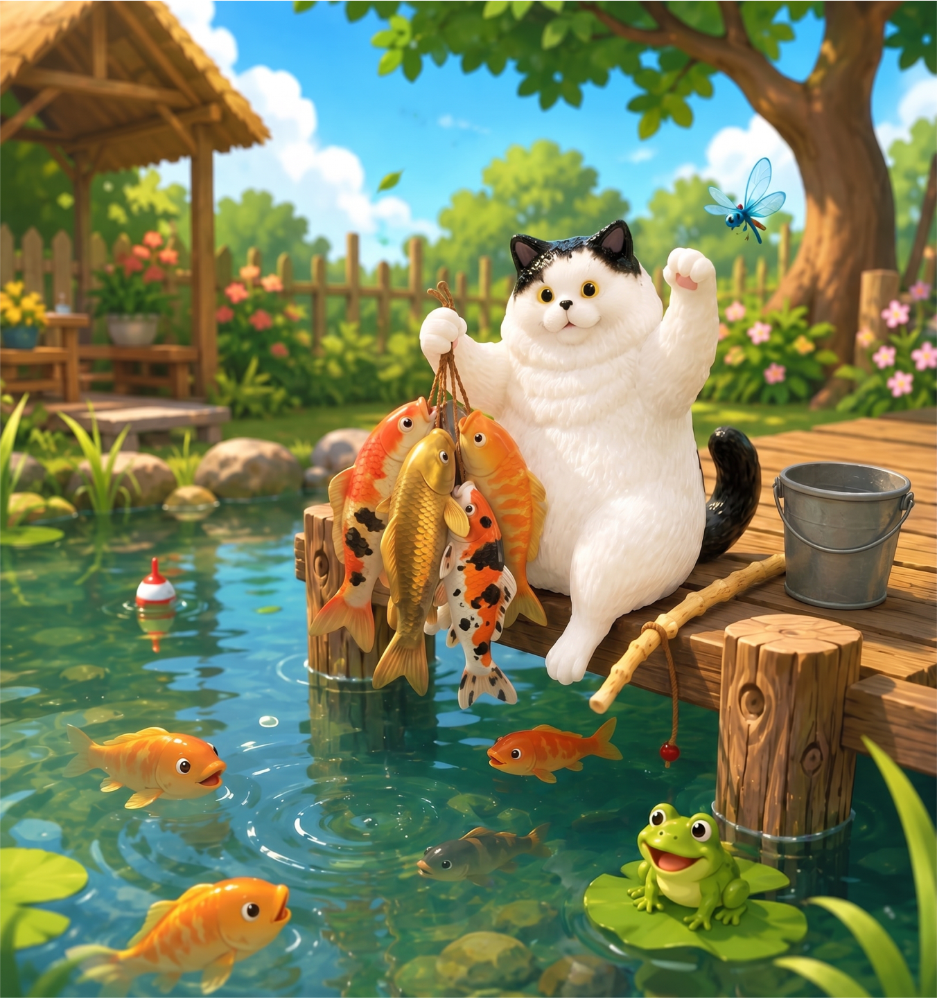 Nekomaru fishing on a wooden dock