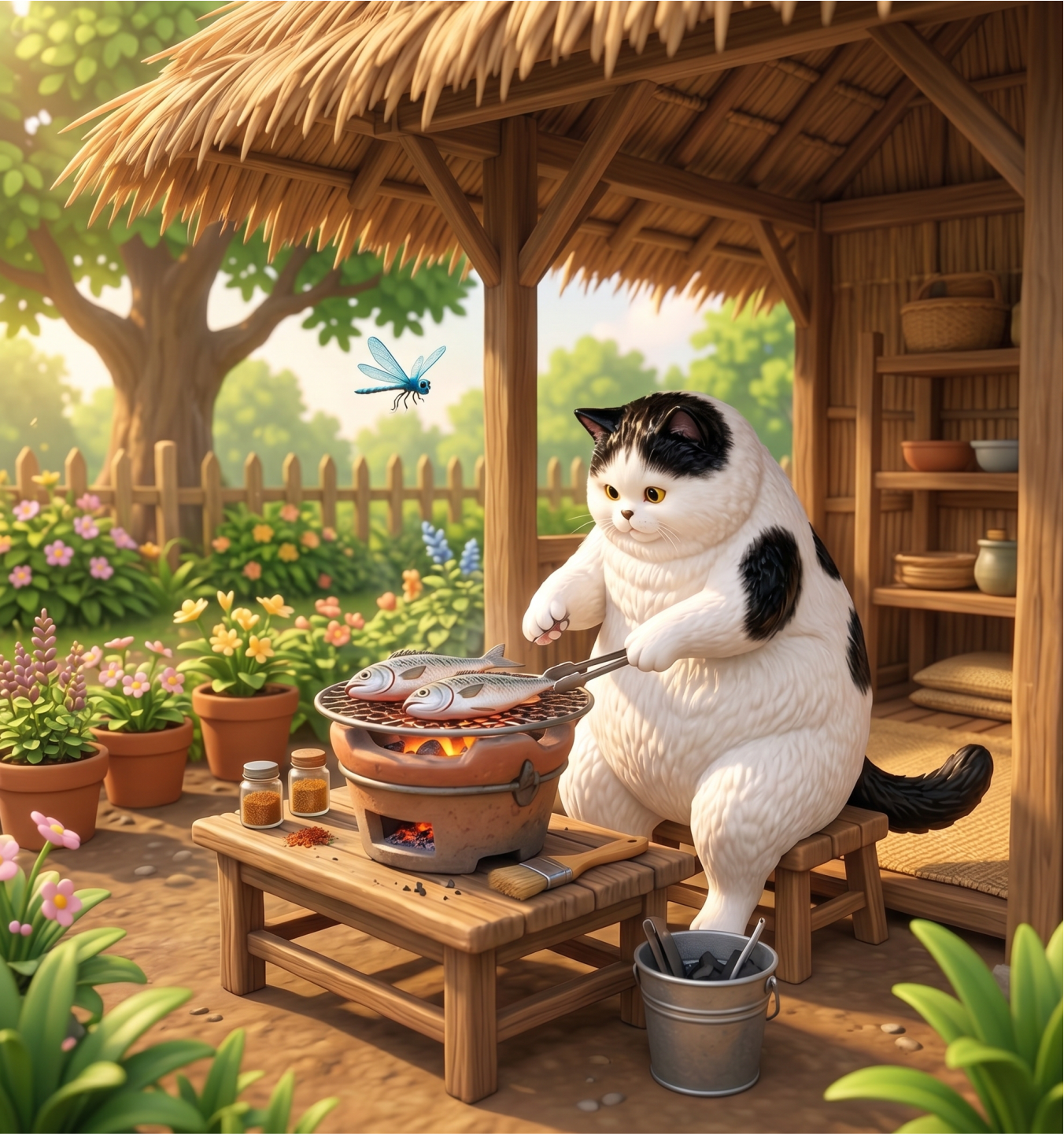 Nekomaru grilling fish at the hut