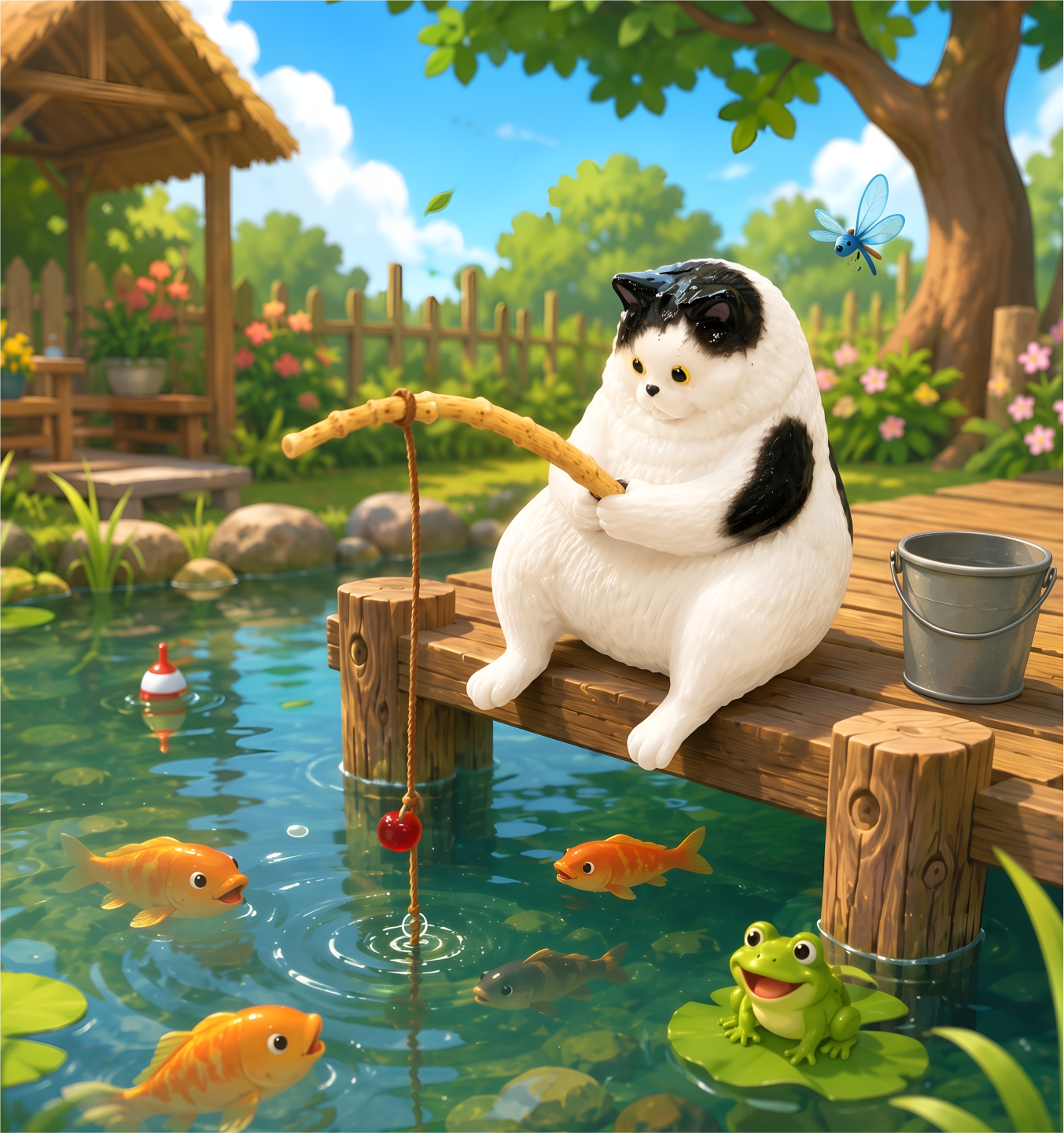Nekomaru watering flowers in the garden