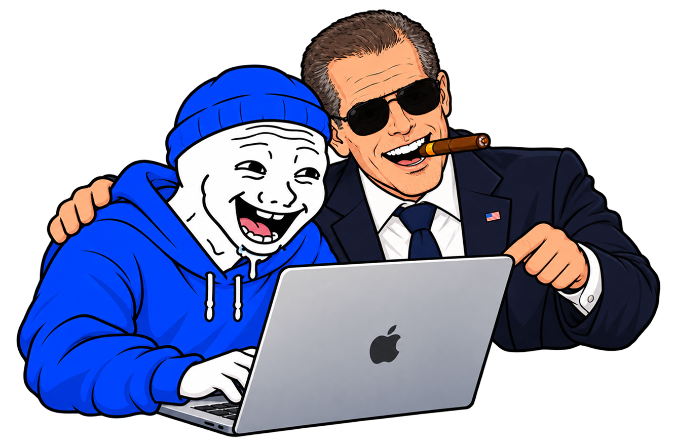 Wojak, a MacBook, and Hunter Biden sitting at the same desk